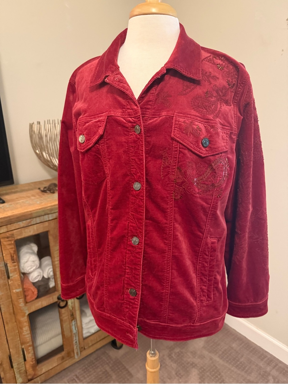 Chico's Burgundy Velvet Button-Front Jean Jacket